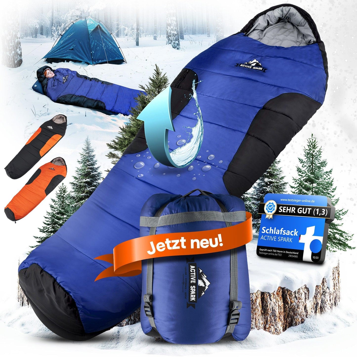 „Großaufnahme des Schlafsacks mit Wasserabweiser-Grafik. Weitere Motive zeigen den Packsack mit ‚Jetzt neu‘-Banner, Bewertungssiegel (Note 1,3), und weitere Farbvarianten.“