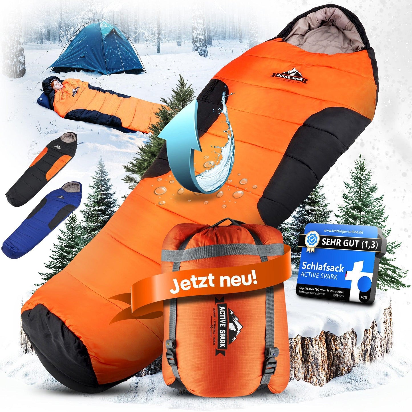 „Großaufnahme des Schlafsacks mit Wasserabweiser-Grafik. Weitere Motive zeigen den Packsack mit ‚Jetzt neu‘-Banner, Bewertungssiegel (Note 1,3), und weitere Farbvarianten.“