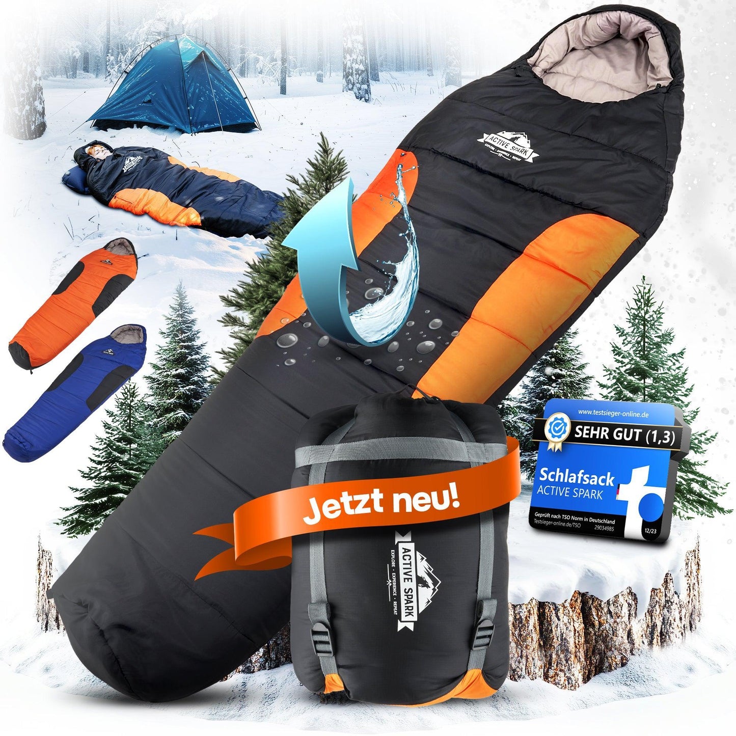 „Großaufnahme des Schlafsacks mit Wasserabweiser-Grafik. Weitere Motive zeigen den Packsack mit ‚Jetzt neu‘-Banner, Bewertungssiegel (Note 1,3), und weitere Farbvarianten.“