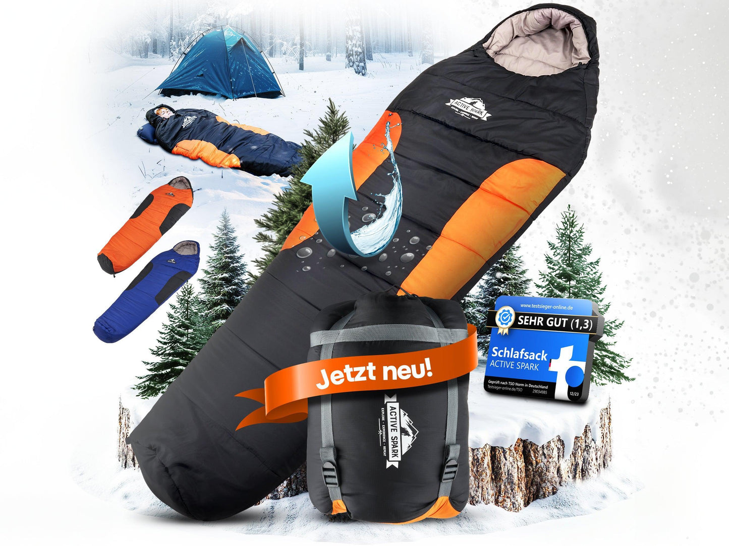 „Großaufnahme des Schlafsacks mit Wasserabweiser-Grafik. Weitere Motive zeigen den Packsack mit ‚Jetzt neu‘-Banner, Bewertungssiegel (Note 1,3), und weitere Farbvarianten (orange/schwarz und blau/schwarz).“