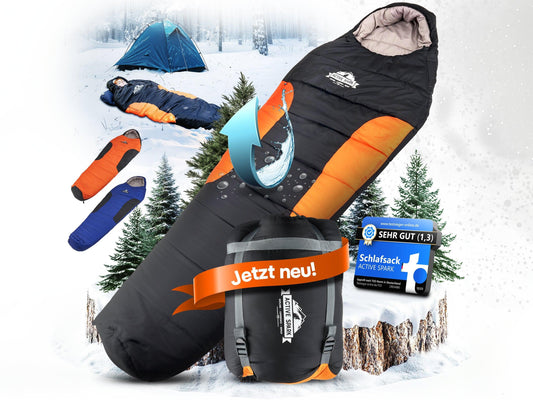 „Großaufnahme des Schlafsacks mit Wasserabweiser-Grafik. Weitere Motive zeigen den Packsack mit ‚Jetzt neu‘-Banner, Bewertungssiegel (Note 1,3), und weitere Farbvarianten (orange/schwarz und blau/schwarz).“