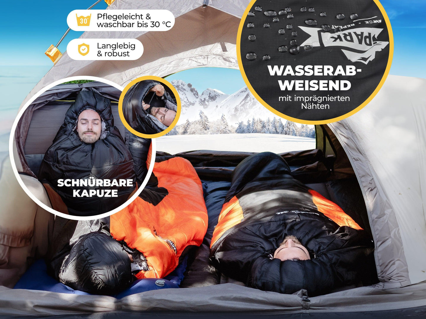 „Zwei Personen liegen im Schlafsack in einem Zelt im Schnee. Darstellung der wasserabweisenden Oberfläche mit imprägnierten Nähten, sowie schnürbarer Kapuze und Waschbarkeit bei 30 °C.“