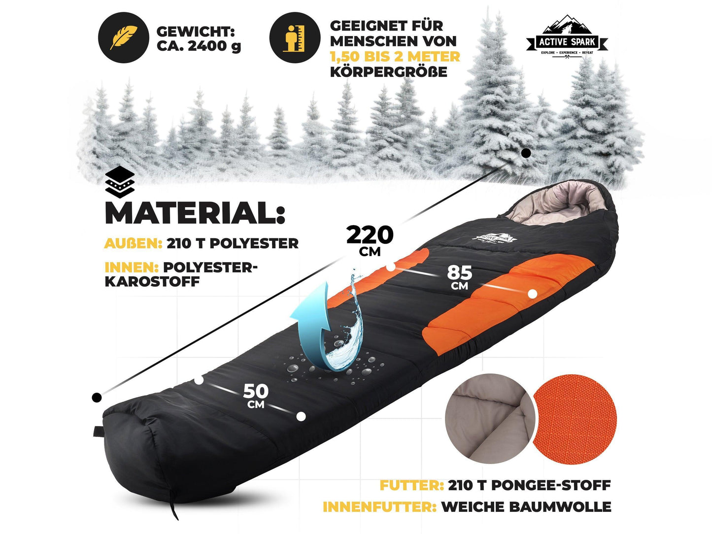 „Detaillierte Materialangaben eines Schlafsacks: Außen 210T Polyester, Innen Karostoff, Futter aus Pongee-Stoff, Innenfutter weiche Baumwolle. Größenangaben: 220 cm Länge, 85 cm Schulterbreite, 50 cm Fußbreite. Für Körpergrößen von 1,50 bis 2,00 m geeignet.“