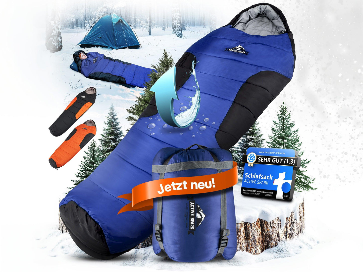 „Großaufnahme des Schlafsacks mit Wasserabweiser-Grafik. Weitere Motive zeigen den Packsack mit ‚Jetzt neu‘-Banner, Bewertungssiegel (Note 1,3), und weitere Farbvarianten.“