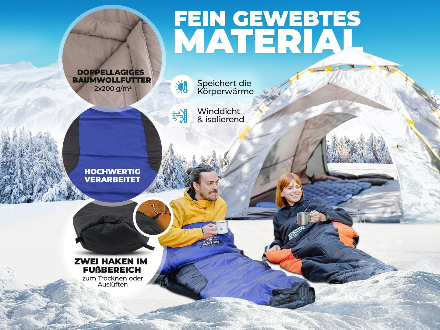 „Zwei Personen sitzen im geöffneten Schlafsack auf Schnee vor einem Zelt. Fokus auf hochwertiges, fein gewebtes Material, doppellagiges Baumwollfutter (2×200 gsm²) sowie Haken zum Trocknen im Fußbereich.“