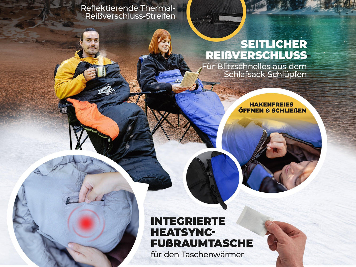 „Zwei Personen sitzen in Schlafsäcken vor einem See. Fokus auf seitlichen Reißverschluss mit reflektierendem Streifen, hakenfreies Öffnen, und integrierte Heatsync-Fußraumtasche für Taschenwärmer.“