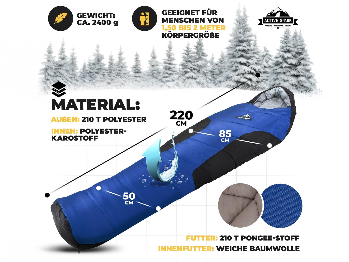 „Detaillierte Materialangaben eines Schlafsacks: Außen 210T Polyester, Innen Karostoff, Futter aus Pongee-Stoff, Innenfutter weiche Baumwolle. Größenangaben: 220 cm Länge, 85 cm Schulterbreite, 50 cm Fußbreite. Für Körpergrößen von 1,50 bis 2,00 m geeignet.“