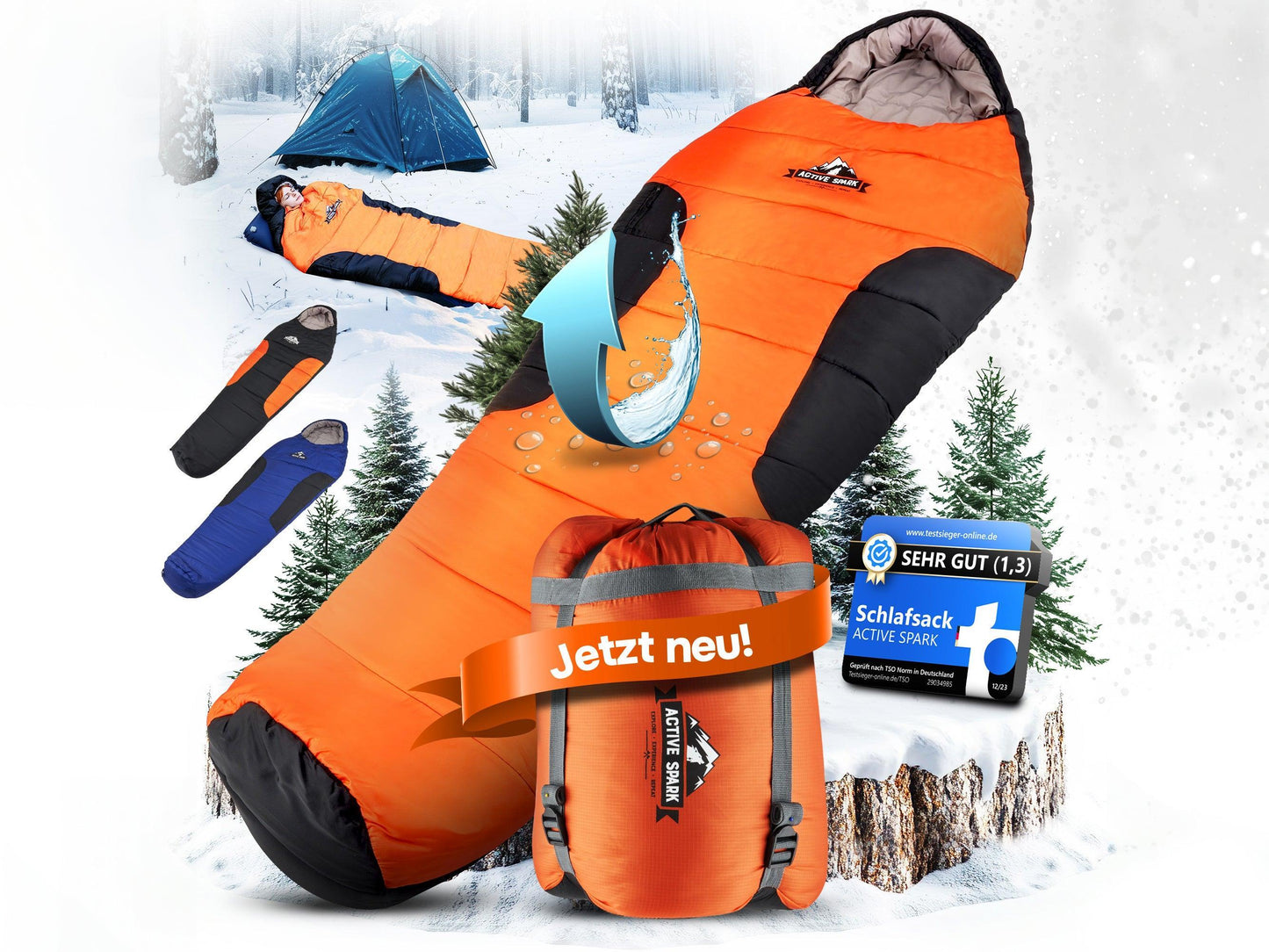 „Großaufnahme des Schlafsacks mit Wasserabweiser-Grafik. Weitere Motive zeigen den Packsack mit ‚Jetzt neu‘-Banner, Bewertungssiegel (Note 1,3), und weitere Farbvarianten.“