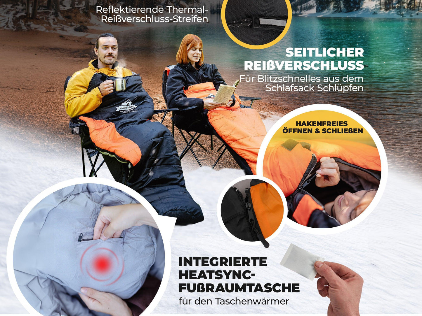 „Zwei Personen sitzen in Schlafsäcken vor einem See. Fokus auf seitlichen Reißverschluss mit reflektierendem Streifen, hakenfreies Öffnen, und integrierte Heatsync-Fußraumtasche für Taschenwärmer.“