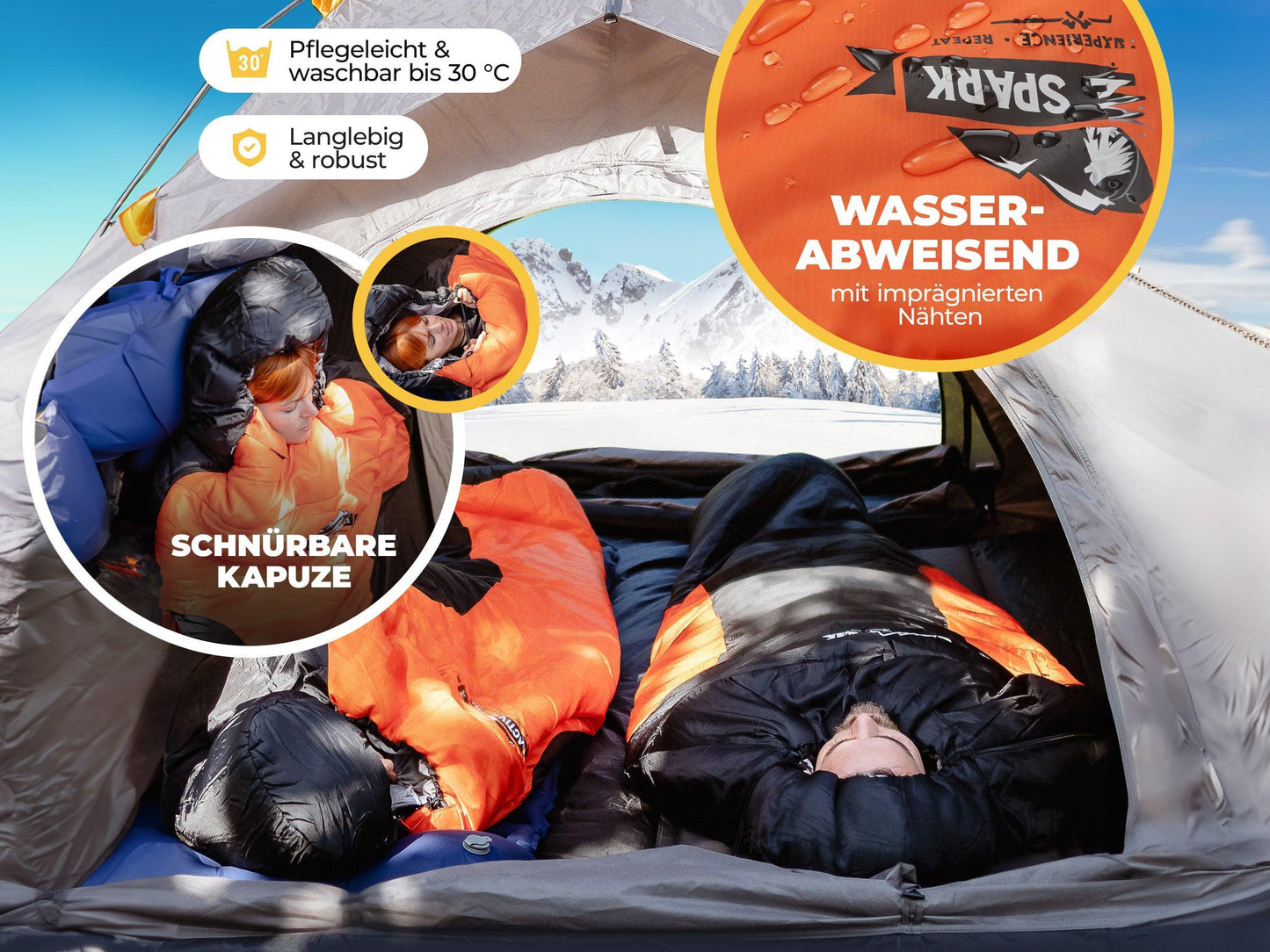 „Zwei Personen liegen im Schlafsack in einem Zelt im Schnee. Darstellung der wasserabweisenden Oberfläche mit imprägnierten Nähten, sowie schnürbarer Kapuze und Waschbarkeit bei 30 °C.“