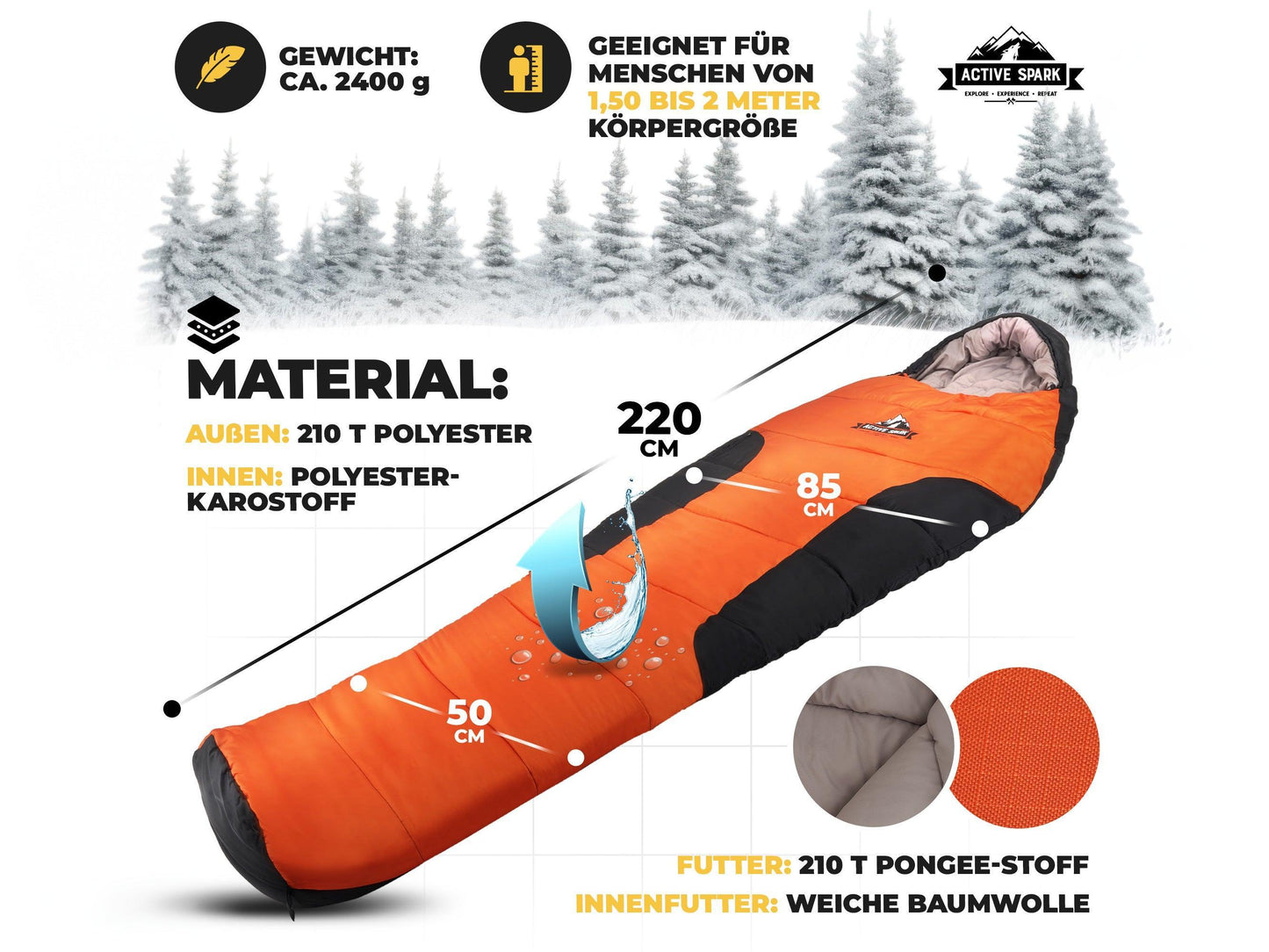 „Detaillierte Materialangaben eines Schlafsacks: Außen 210T Polyester, Innen Karostoff, Futter aus Pongee-Stoff, Innenfutter weiche Baumwolle. Größenangaben: 220 cm Länge, 85 cm Schulterbreite, 50 cm Fußbreite. Für Körpergrößen von 1,50 bis 2,00 m geeignet.“